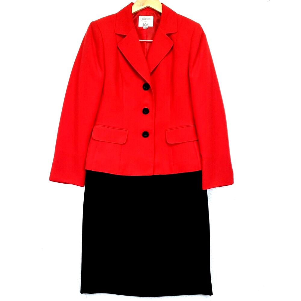 Collections For Le Suit Skirt & Blazer Lined Women 8 Red Black Career Church